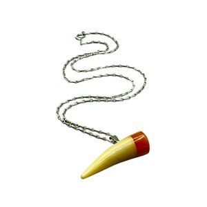 Vintage Horn Necklace Genuine Horn Pendant with Bakelite Top Silver Tone Chain